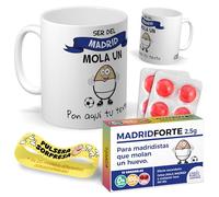 Kit regalo personalizado para aficionados del Madrid | Taza personalizada Ser del Madrid mola un huevo + Caramelos divertidos + Pulsera sorpresa | Regalo para Merengues, fútbol.