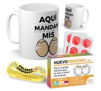 Kit regalo personalizado para familiares y amigos. | Taza Aquí mandan mis huevos + Caramelos divertidos + Pulsera sorpresa | Regalo divertido, original y único para cumpleaños, navidad…