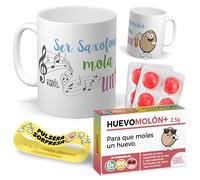Kit regalo personalizado para saxofonistas | Taza Ser saxofonista mola un huevo + Caramelos divertidos + Pulsera sorpresa | Regalo divertido, original y único para cumpleaños, navidad…