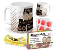 Kit regalo personalizado | Taza Mis huevos ya tienen 60 años + Caramelos divertidos + Pulsera sorpresa | Regalo divertido, original y único para 60 cumpleaños.