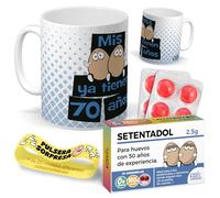 Kit regalo personalizado | Taza Mis huevos ya tienen 70 años + Caramelos divertidos + Pulsera sorpresa | Regalo divertido, original y único para 70 cumpleaños.