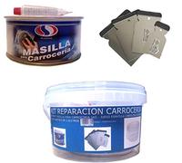 KIT REPARACION CARROCERIA (MASILLA PARA CARROCERÍA 1 KG + JUEGO ESPATULA CARROCERO INOXIDABLE + CUBO PLASTICO 2,5 LITROS) PLAIN+INOX