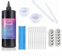 Kit Resina UV Transparente 1kg con Herramientas, Curado Rápido, con tazas de mezcla, palos, tapete de mesa, cunas para dedos, pipetas para DIY hacer manualidades joyas joyería con resina