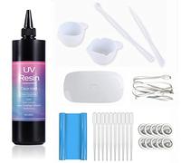 Kit Resina UV Transparente 500g con Herramientas con Lámpara, Curado Rápido, con tazas de mezcla, palos, tapete de mesa, cunas para dedos, pipetas para DIY hacer manualidades joyas joyería con resina