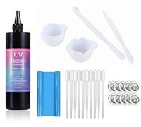 Kit Resina UV Transparente 500g con Herramientas, Curado Rápido, con tazas de mezcla, palos, tapete de mesa, cunas para dedos, pipetas para DIY hacer manualidades joyas joyería con resina