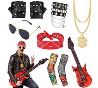 Kit Rockero Gótico 80s 90s Hombre, Accesorios Disfraz Punk - Gafas De Sol | cadenas de oro | Diadema | manga del tatuaje | Guantes Punk | Guitarra inflable | Pulsera de cuero PU para discoteca hip hop