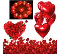 Kit Romántico de Velas y Pétalos. 50 Velas en Forma de Corazón + 1000 Pétalos de Rosa Roja de Seda + 5 Globos Corazón Rojo - Decoración para Bodas, San Valentín y Compromiso