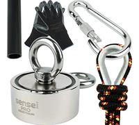 Kit SENSEI 150 kg, Imán de Neodimio de Doble Cara N52 con Dos Ganchos, Ø6 x H2,7 cm, Cuerda de Vela de 25 m, Guantes de Protección + Accesorios, Set de Exploración y Pesca con Imán