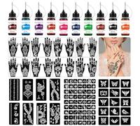 Kit Tatuajes Temporales 10 Botellas Color Tinta Tatuaje 102 Plantillas (Diferentes Tamaños) Ideal para Adultos Niño: Pintura Corporal DIY Creación Artística y Regalos de Fiestas Cumpleaños etc