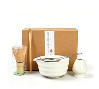 Kit Te Matcha Completo, 5 Piezas Juego de Ceremonia Te Matcha con Tazón de Cerámica, Cuenco, Batidor, Cuchara Bambu, Colador para Preparar Matcha y Ceremonias del Té (Blanco)
