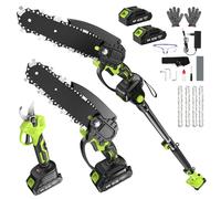 Kit Tijeras de Podar y Motosierra a Bateria con Pertiga Telescópica, 4 en 1 Podadora Electrica Bateria 6 Pulgadas sin Cable con Motor de 550 W, 2 * 4000 mAh Baterías, 4 Cadenas para Poda de Arboles