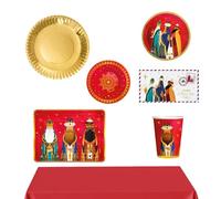 Kit Vajilla de cartón Desechable con decoración y temática navideña con diseño de Reyes Magos para 12 personas - Pack para 12 personas. Decoración Mesa Navidad Reyes Magos.