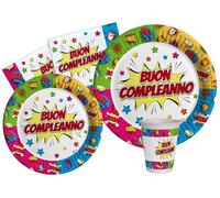 Kit Vajilla de Fiesta Buon Compleanno Comics para 24 personas (112 pcs: 24 platos Ø23cm, 24 platos Ø18cm, 24 vasos 250ml, 40 servilletas 33x33cm) de papel compostable eco-friendly