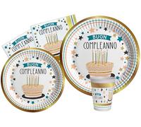 Kit Vajilla de Fiesta Buon Compleanno Shiny Gold para 24 personas (112 pcs: 24 platos Ø23cm, 24 platos Ø18cm, 24 vasos 250ml, 40 servilletas 33x33cm) de papel compostable eco-friendly