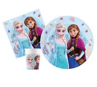Kit Vajilla de Fiesta Disney Frozen Idyllic Wonder para 24 personas (88 pcs: 24 platos Ø23cm, 24 vasos 200ml, 40 servilletas 33x33cm) de papel FSC compostable eco-friendly