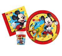Kit Vajilla de Fiesta Disney Mickey Jump into Fun para 24 personas (88 pcs: 24 platos Ø23cm, 24 vasos 200ml, 40 servilletas 33x33cm) de papel FSC compostable eco-friendly
