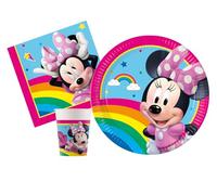 Kit Vajilla de Fiesta Disney Minnie Rainbow para 24 personas (88 pcs: 24 platos Ø23cm, 24 vasos 200ml, 40 servilletas 33x33cm) de papel FSC compostable eco-friendly