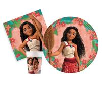 Kit Vajilla de Fiesta Disney Moana Sailing Spirit para 24 personas (88 pcs: 24 platos Ø23cm, 24 vasos 200ml, 40 servilletas 33x33cm) de papel FSC compostable eco-friendly