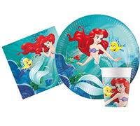 Kit Vajilla de Fiesta Disney Princess Ariel Little Mermaid la Sirenetta para 24 personas (88 pcs: 24 platos Ø23cm, 24 platos Ø20cm, 24 vasos 200ml, 40 servilletas 33x33cm)