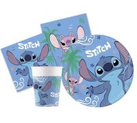 Kit Vajilla de Fiesta Disney Stitch & Angel para 24 personas (88 pcs: 24 platos Ø23cm, 24 vasos 200ml, 40 servilletas 33x33cm) de papel FSC