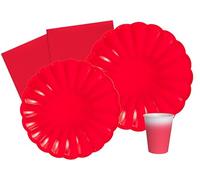 Kit Vajilla de Fiesta Flower Shape para 24 personas (112 pcs: 24 platos Ø23cm, 24 platos Ø18cm, 24 vasos 250ml, 40 servilletas 33x33cm) de papel compostable eco-friendly, rojo