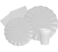 Kit Vajilla de Fiesta Flower Shape para 24 personas (112 pcs: 24 platos Ø23cm, 24 platos Ø18cm, 24 vasos 250ml, 40 servilletas 33x33cm) de papel compostable eco-friendly, blanco