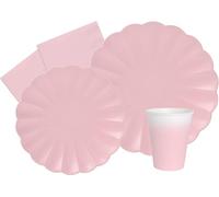 Kit Vajilla de Fiesta Flower Shape para 8 personas (44 pcs: 8 platos Ø23cm, 8 platos Ø18cm, 8 vasos 250ml, 20 servilletas 33x33cm) de papel compostable eco-friendly, rosa pastel