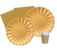 Kit Vajilla de Fiesta Flower Shape para 8 personas (44 pcs: 8 platos Ø23cm, 8 platos Ø18cm, 8 vasos 250ml, 20 servilletas 33x33cm) de papel compostable eco-friendly, oro