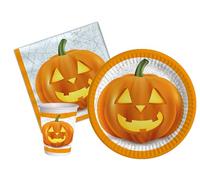 Kit Vajilla de Fiesta Halloween Pumpkin para 8 personas (36 pcs: 8 platos Ø23cm, 8 vasos 250ml, 20 servilletas 33x33cm) de papel compostable eco-friendly
