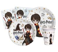 Kit Vajilla de Fiesta Harry Potter para 8 personas (44 pcs: 8 platos Ø23cm, 8 platos Ø18cm, 8 vasos 250ml, 20 servilletas 33x33cm) de papel compostable eco-friendly