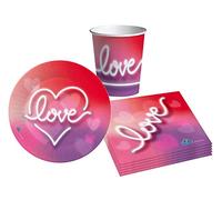 Kit Vajilla de Fiesta Love Party para 8 personas (36 pcs: 8 platos Ø18cm, 8 vasos 250ml, 20 servilletas 33x33cm) de papel compostable eco-friendly