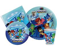 Kit Vajilla de Fiesta PJ Masks Power Heroes para 8 personas (44 pcs: 8 platos Ø23cm, 8 platos Ø18cm, 8 vasos 250ml, 20 servilletas 33x33cm) de papel compostable eco-friendly