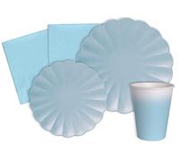 Kit Vajilla de Fiesta Unicolor Flower Shape para 8 personas (44 pcs: 8 platos Ø23cm, 8 platos Ø18cm, 8 vasos 250ml, 20 servilletas 33x33cm) de papel compostable eco-friendly, azul cielo pastel
