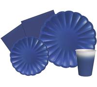 Kit Vajilla de Fiesta Unicolor Flower Shape para 8 personas (44 pcs: 8 platos Ø23cm, 8 platos Ø18cm, 8 vasos 250ml, 20 servilletas 33x33cm) de papel compostable eco-friendly, azul