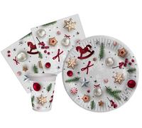 Kit Vajilla de Fiesta White Navidad Christmas para 8 personas (36 pcs: 8 platos Ø23cm, 8 vasos 250ml, 20 servilletas 33x33cm) de papel compostable eco-friendly