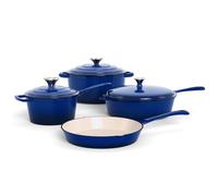 Kitchen Academy - Juego de 7 cacerolas de hierro fundido con horno holandés, utensilios de cocina de hierro fundido esmaltado, sartén para salsas, sartén, 3 tapas, juego de horno holandés, juego de