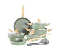 Kitchen Academy Juego de ollas y sartenes no tóxicas antiadherentes, juego de utensilios de cocina de inducción de 12 piezas, juego de ollas y sartenes antiadherentes de granito verde, libre de PFOA y