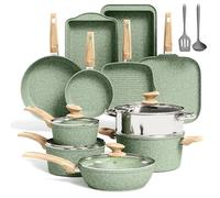 Kitchen Academy Juego de utensilios de cocina de inducción de 17 piezas con plancha, juego de ollas y sartenes de granito verde, antiadherentes y saludables