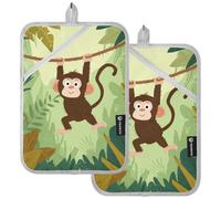 Kitchen Decor - Juego de 2 soportes para ollas de bolsillo grande, diseño de mono de dibujos animados que se balancea en vides, resistente al calor, forro acolchado, encimeras, almohadillas calientes