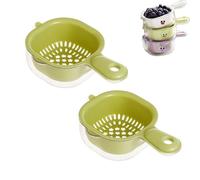 Kitchen Dual Layer Draining Basket with Handle, Fruit Washing Bowl with Strainer Plastic Vegetable for Berries, Vegetables, Fruits (2 Green)