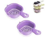 Kitchen Dual Layer Draining Basket with Handle, Fruit Washing Bowl with Strainer Plastic Vegetable for Berries, Vegetables, Fruits (2 Purple)