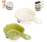 Kitchen Dual-Layer Draining Basket with Handle, Handy Mini Berry and Tomato Washer, Double Drain Plastic Fruit Washing Bowl, for Berries, Vegetables, Fruits, Easy to Clean (Green+White)