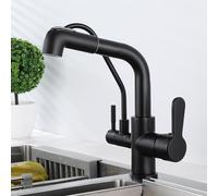 Kitchen Faucet 3 Way, Kitchen Sink Faucet with Pull out Spray, Swivel Purified Water Hot and Cold 2 Handles Brass 3 Way Filter Faucet for Kitchen Sink-Black