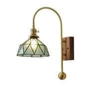 Kitchen Faucet Industrial Gooseneck Brass Glass Shade Lamp Wood Base Wall Light Fixtures for Bedroom Living Room Hallway(Green)
