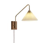 Kitchen Faucet Plug in Swing Arm Wall Lamp, Retro Solid Wood Wall with White Pleated Fabric Shade, Nordic Gold Adjustable Bedside Reading Lighting with Plug in Cord and Switch, E27(B)