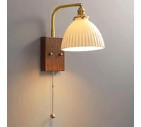 Kitchen Faucet Style Ceramic Wall Lamp Adjustable Swing Arm Wall Brass Bedside Reading Lighting with Pull Chain and Wood Grain Base, 360° Rotating Bedroom Wall Mount Lamp