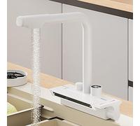 Kitchen Faucet with Shower Extendable, Faucet Kitchen Extendable Brass Telescopic Single Hole Water Cold and Hot Digital Display Mixer Kitchen, White