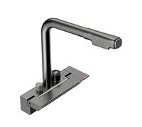 Kitchen Faucet with Shower Extendable, Faucet Kitchen Extendable Brass Telescopic Single Hole Water Cold and Hot Digital Display Mixer Kitchen, Grey