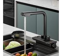 Kitchen Faucet with Shower Extendable, Faucet Kitchen Extendable Brass Telescopic Single Hole Water Cold and Hot Digital Display Mixer Kitchen, Black