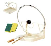 Kitchen Pot Lid Storage Rack, Multifunctional Stainless Steel Pot and Pan Organizer with Removable Drip Tray, Two-Compartment Spatula Holder for Counter Stove Top Kitchen Accessories (White 2)